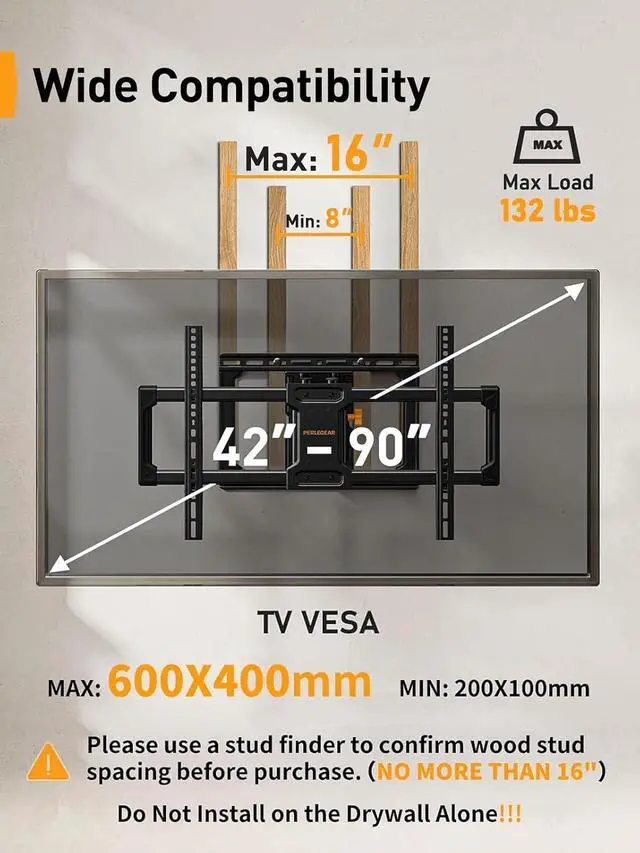 Alt view image 2 of 7 - UL Listed Full Motion TV Wall Mount for 42-90" TVs up to 132lbs, Heavy Duty TV Mount with Dual Articulating Arms, Tool-Free Smooth Tilt, Swivel, Fits 16" Studs, Max VESA 600x400mm, PGLF8