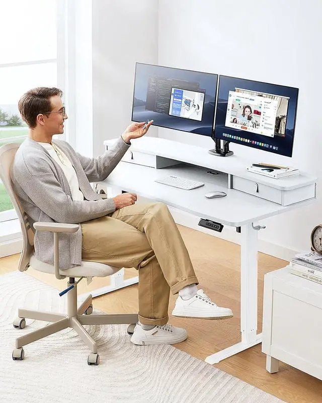 Alt view image 2 of 7 - 60 x 30 Electric Standing Desk with 2 Drawers, C-Clamp Mount Compatible, Height Adjustable Computer Desk, Home Office Stand Up Desk with 4 Preset Heights & 2 Hooks, White