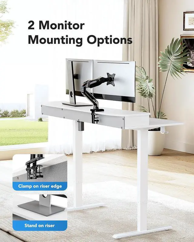 Alt view image 4 of 7 - 60 x 30 Electric Standing Desk with 2 Drawers, C-Clamp Mount Compatible, Height Adjustable Computer Desk, Home Office Stand Up Desk with 4 Preset Heights & 2 Hooks, White