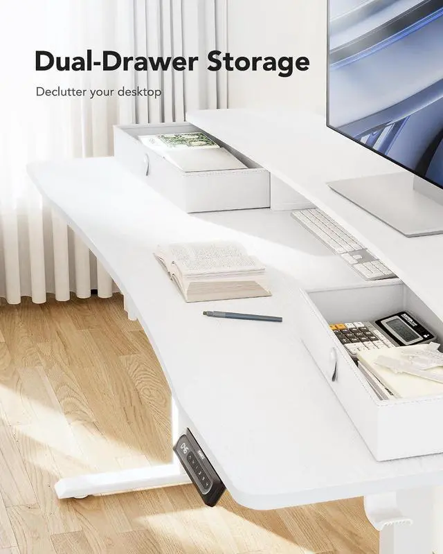 Alt view image 5 of 7 - 60 x 30 Electric Standing Desk with 2 Drawers, C-Clamp Mount Compatible, Height Adjustable Computer Desk, Home Office Stand Up Desk with 4 Preset Heights & 2 Hooks, White