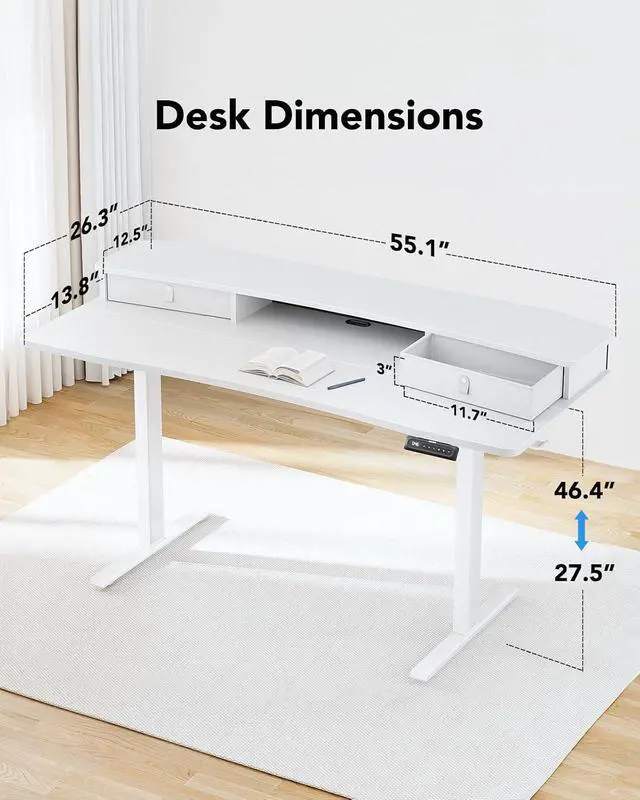 Alt view image 3 of 7 - 55 x 26 Electric Standing Desk with 2 Drawers, C-Clamp Mount Compatible, Height Adjustable Computer Desk, Home Office Stand Up Desk with 4 Preset Heights & 2 Hooks, White