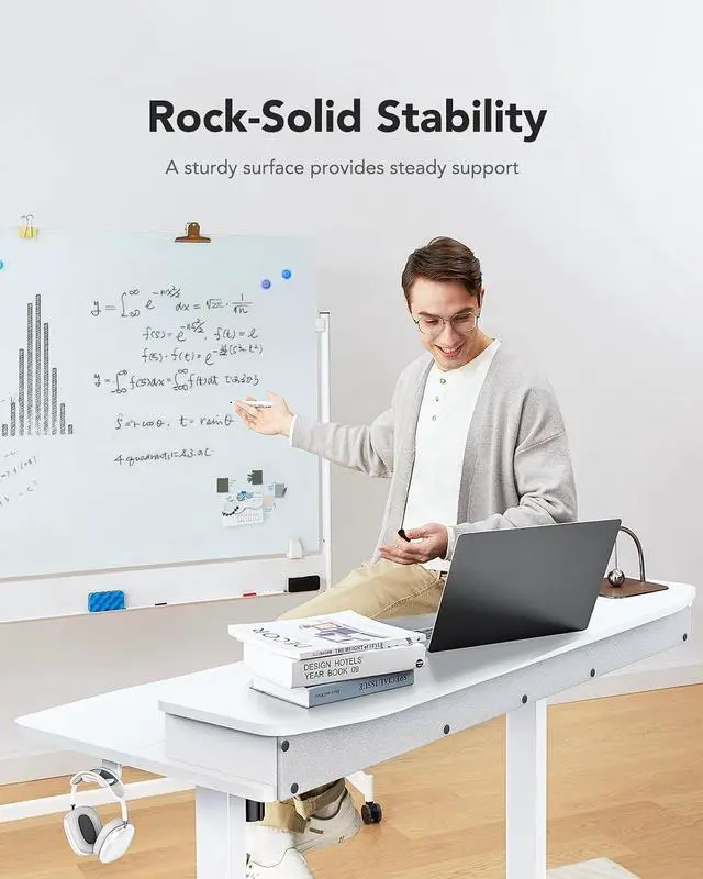 Alt view image 7 of 7 - 60 x 30 Electric Standing Desk with 2 Drawers, C-Clamp Mount Compatible, Height Adjustable Computer Desk, Home Office Stand Up Desk with 4 Preset Heights & 2 Hooks, White