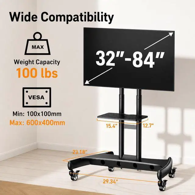 Alt view image 2 of 7 - Rolling TV Stand for 32-84 Inch TV, Mobile TV Cart up to 100lbs, Adjustable Height Outdoor TV Cart with Heavy-Duty Base, VESA 600x400mm, Portable TV Stand on Wheels for Livingroom PGTVMC05-1