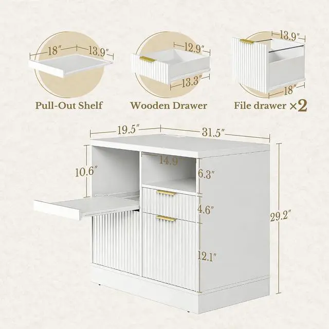 Alt view image 2 of 7 - 3 Drawer File Cabinet, Fluted Wood Lateral Filing Cabinet with Charging Station for Home Office, Fits for A4/Letter-Sized Files, Printer Stand with Open Storage Shelves, White