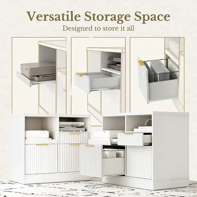 Alt view image 3 of 7 - 3 Drawer File Cabinet, Fluted Wood Lateral Filing Cabinet with Charging Station for Home Office, Fits for A4/Letter-Sized Files, Printer Stand with Open Storage Shelves, White