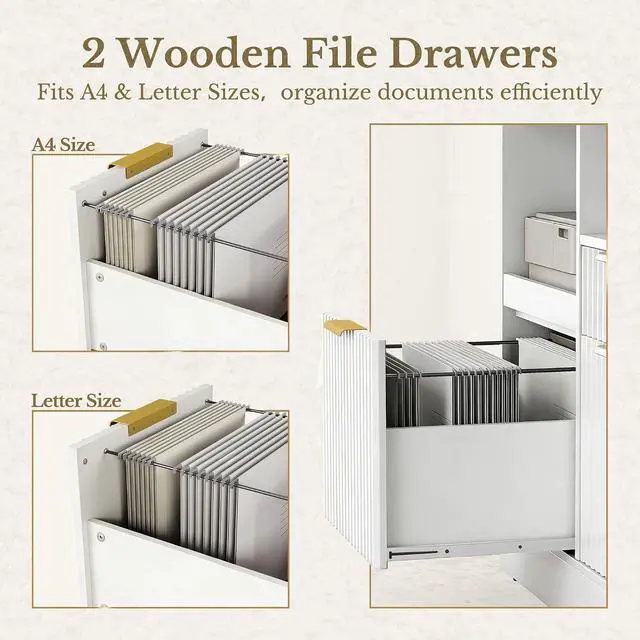 Alt view image 5 of 7 - 3 Drawer File Cabinet, Fluted Wood Lateral Filing Cabinet with Charging Station for Home Office, Fits for A4/Letter-Sized Files, Printer Stand with Open Storage Shelves, White
