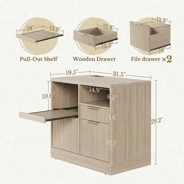 Alt view image 2 of 7 - 3 Drawer File Cabinet, Fluted Filing Cabinet for Home Office with Charging Station, Wooden Office Cabinet Fits for A4/Letter-Sized Files, Printer Stand with Storage Shelves, Light Oak
