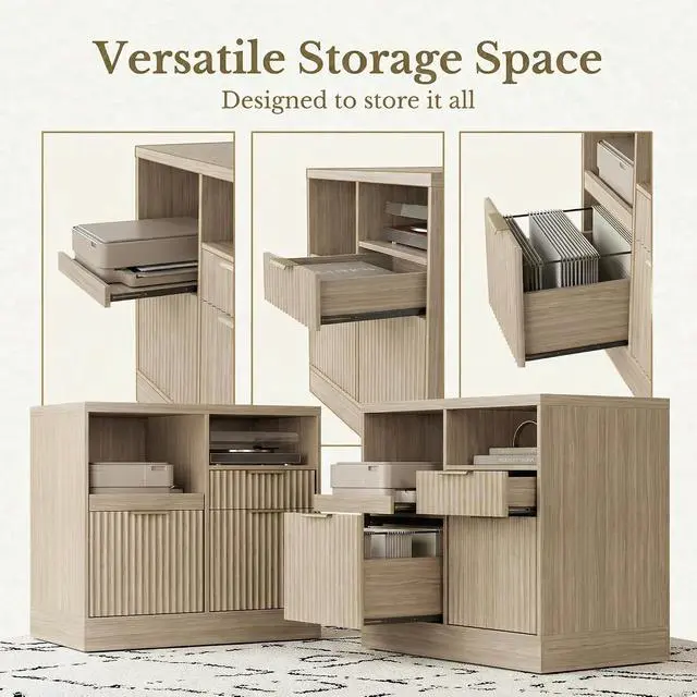 Alt view image 3 of 7 - 3 Drawer File Cabinet, Fluted Filing Cabinet for Home Office with Charging Station, Wooden Office Cabinet Fits for A4/Letter-Sized Files, Printer Stand with Storage Shelves, Light Oak