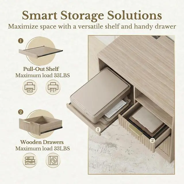 Alt view image 4 of 7 - 3 Drawer File Cabinet, Fluted Filing Cabinet for Home Office with Charging Station, Wooden Office Cabinet Fits for A4/Letter-Sized Files, Printer Stand with Storage Shelves, Light Oak