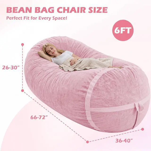 Alt view image 2 of 6 - 6FT Bean Bag Chair,Giant BeanBag Chairs with Memory Foam Filled, Ultra-Soft Velvet with Portable Handle & Removable Cover, Comfy Bean Bag Sofa for Living Room, No Assembly - Pink