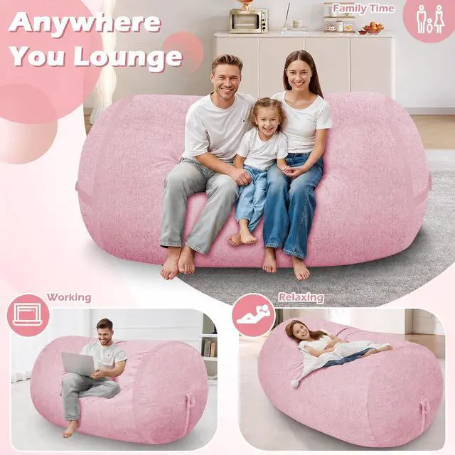 Alt view image 4 of 6 - 6FT Bean Bag Chair,Giant BeanBag Chairs with Memory Foam Filled, Ultra-Soft Velvet with Portable Handle & Removable Cover, Comfy Bean Bag Sofa for Living Room, No Assembly - Pink