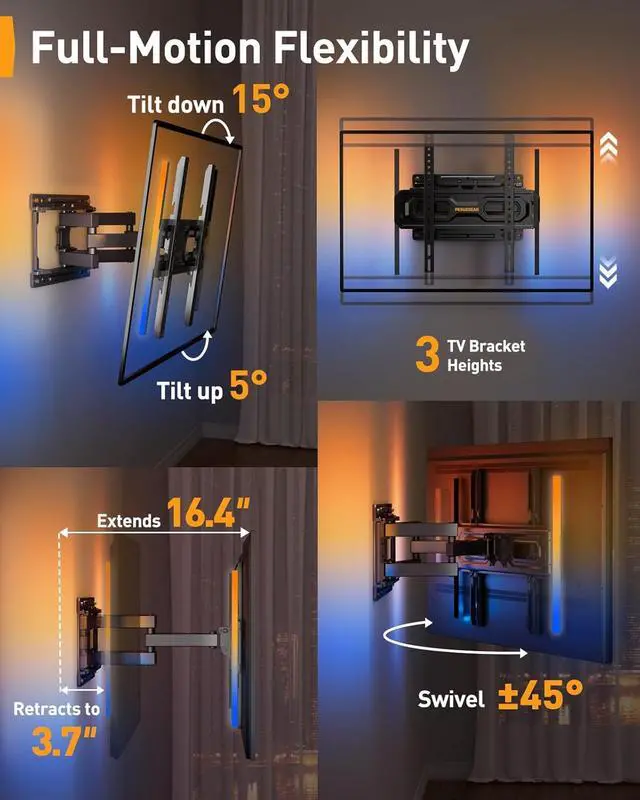 Alt view image 6 of 7 - AuraFrame Pre-Assembled TV Wall Mount with LED Lights for 26-65 inch TVs up to 99 lbs, Max VESA 400x400mm, Swivel, Extension, Tilt, TV Backlights with Music Sync, Fits 16/12 Wood Studs
