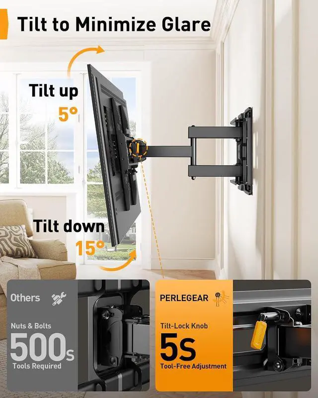 Alt view image 5 of 7 - Full Motion TV Wall Mount for 26-74 inch TVs, Height Adjustable TV Mount, Pre-Assembled Wall Mount TV Bracket with Tool-Free Tilt, Swivel, Fits 16 Studs, 99 lbs, Max VESA 400x400mm, PGMF21