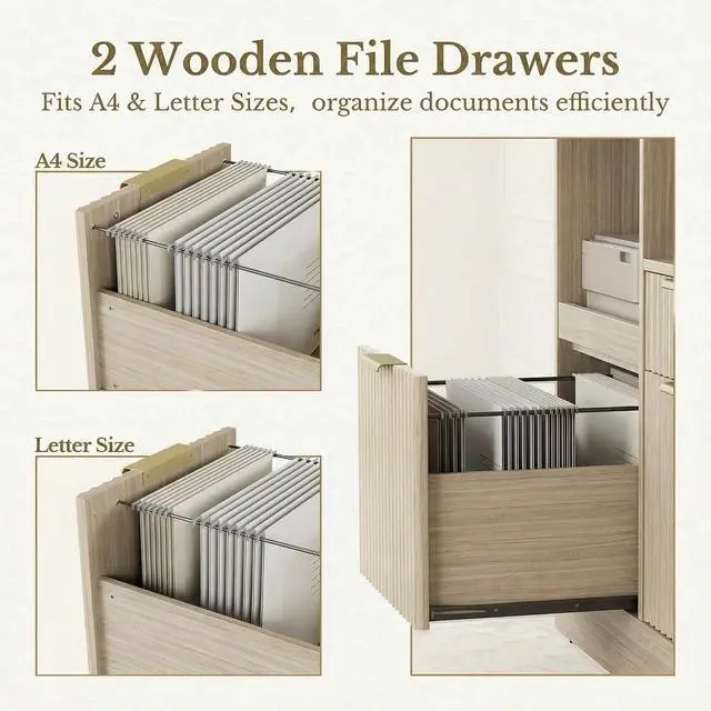 Alt view image 5 of 7 - 3 Drawer File Cabinet, Fluted Filing Cabinet for Home Office with Charging Station, Wooden Office Cabinet Fits for A4/Letter-Sized Files, Printer Stand with Storage Shelves, Light Oak