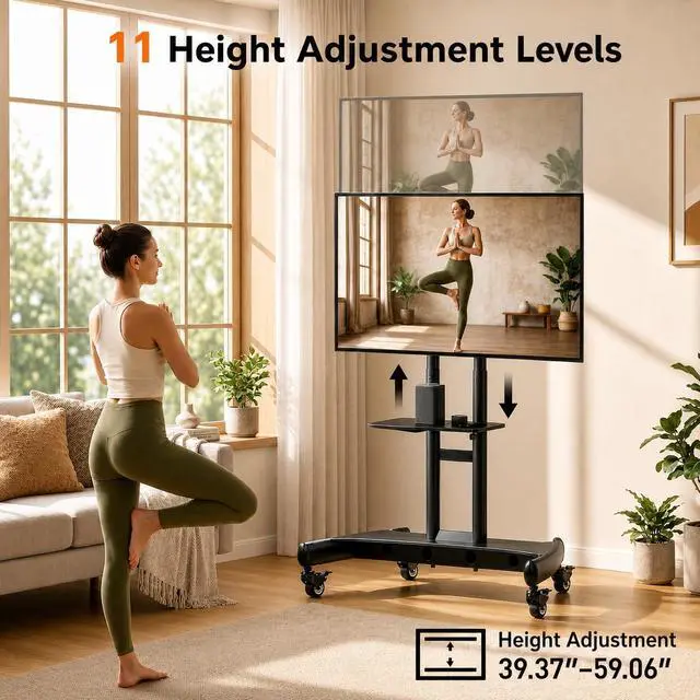 Alt view image 3 of 7 - Rolling TV Stand for 32-84 Inch TV, Mobile TV Cart up to 100lbs, Adjustable Height Outdoor TV Cart with Heavy-Duty Base, VESA 600x400mm, Portable TV Stand on Wheels for Livingroom PGTVMC05-1