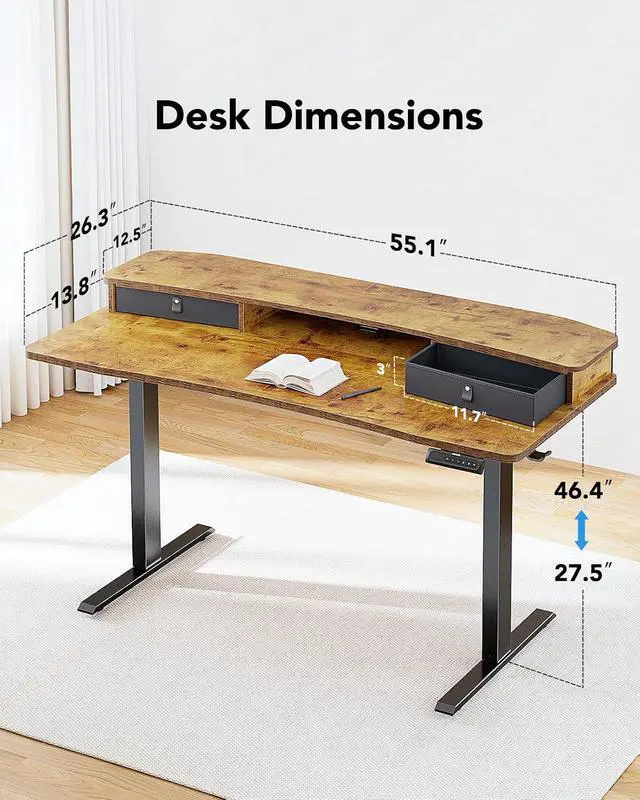 Alt view image 2 of 6 - 55 x 26 Electric Standing Desk with 2 Drawers, C-Clamp Mount Compatible, Height Adjustable Computer Desk, Home Office Stand Up Desk with 4 Preset Heights & 2 Hooks, Vintage Brown