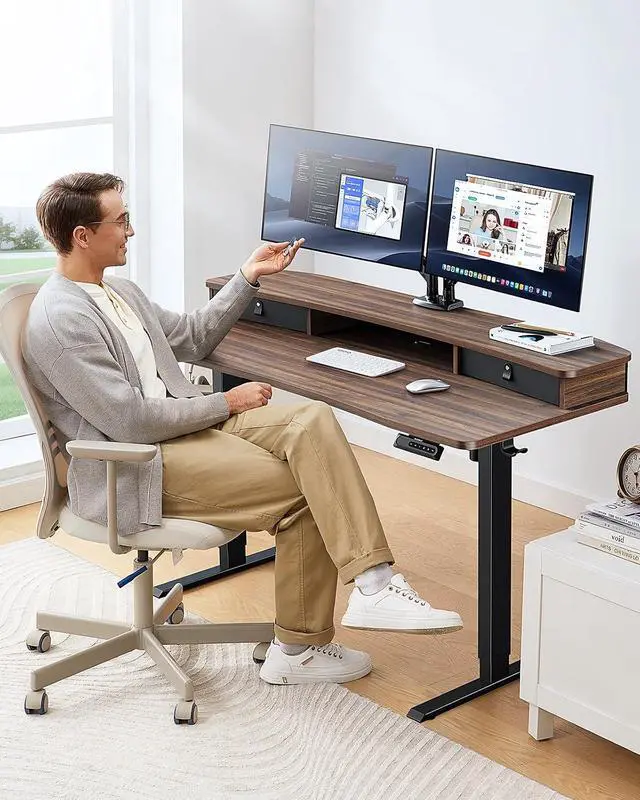 Alt view image 2 of 7 - 60 x 30 Electric Standing Desk with 2 Drawers, C-Clamp Mount Compatible, Height Adjustable Computer Desk, Home Office Stand Up Desk with 4 Preset Heights & 2 Hooks, Walnut
