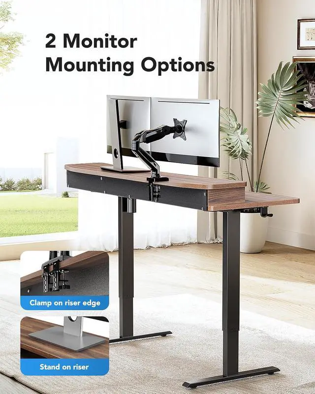 Alt view image 4 of 7 - 60 x 30 Electric Standing Desk with 2 Drawers, C-Clamp Mount Compatible, Height Adjustable Computer Desk, Home Office Stand Up Desk with 4 Preset Heights & 2 Hooks, Walnut
