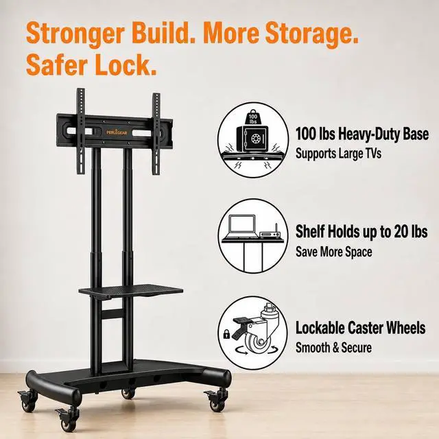 Alt view image 4 of 7 - Rolling TV Stand for 32-84 Inch TV, Mobile TV Cart up to 100lbs, Adjustable Height Outdoor TV Cart with Heavy-Duty Base, VESA 600x400mm, Portable TV Stand on Wheels for Livingroom PGTVMC05-1