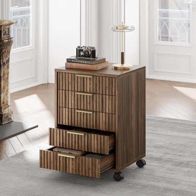 Main image of 5 Drawer Chest, Under Desk Storage Wood Drawers with Wheels, Fluted File Cabinet for Home Office, Black Walnut