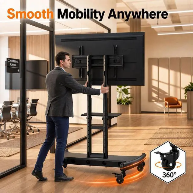 Alt view image 6 of 7 - Rolling TV Stand for 32-84 Inch TV, Mobile TV Cart up to 100lbs, Adjustable Height Outdoor TV Cart with Heavy-Duty Base, VESA 600x400mm, Portable TV Stand on Wheels for Livingroom PGTVMC05-1