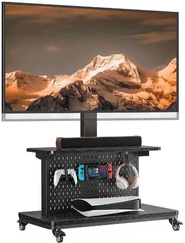 Main image of Motorized Mobile TV Stand on Wheels, Electric Height Adjustable TV Cart for 32-80 TVs up to 100 lbs, Rolling TV Stand with Remote Control, 4 Height Memory, ±35° Swivel with Pegboard Storage