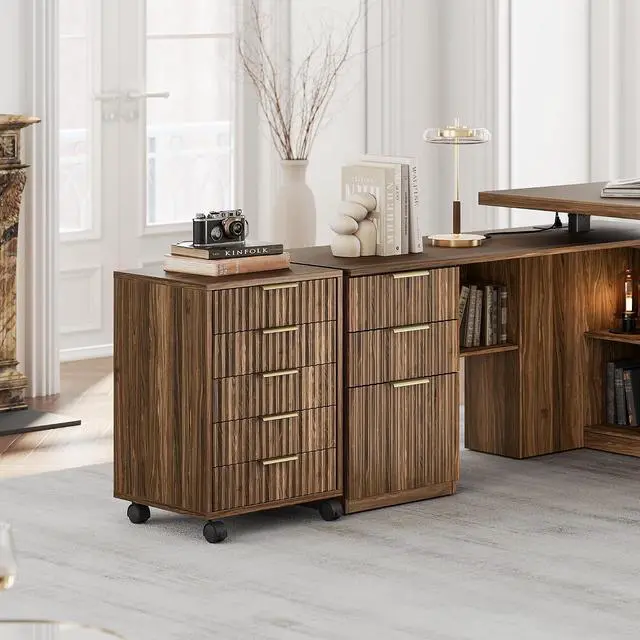 Alt view image 7 of 7 - 5 Drawer Chest, Under Desk Storage Wood Drawers with Wheels, Fluted File Cabinet for Home Office, Black Walnut