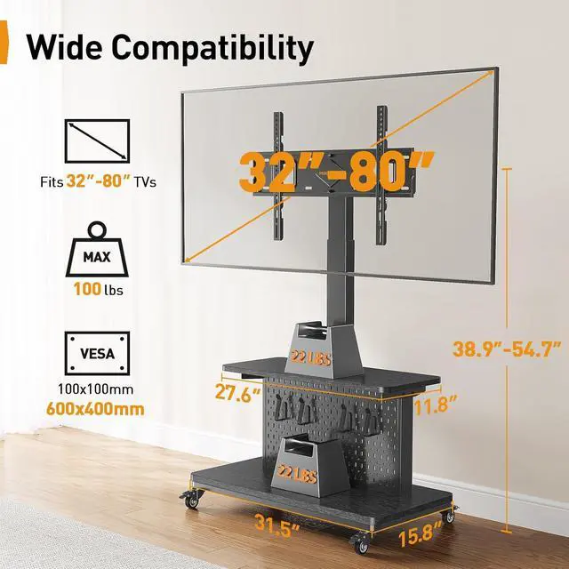 Alt view image 2 of 7 - Motorized Mobile TV Stand on Wheels, Electric Height Adjustable TV Cart for 32-80 TVs up to 100 lbs, Rolling TV Stand with Remote Control, 4 Height Memory, ±35° Swivel with Pegboard Storage