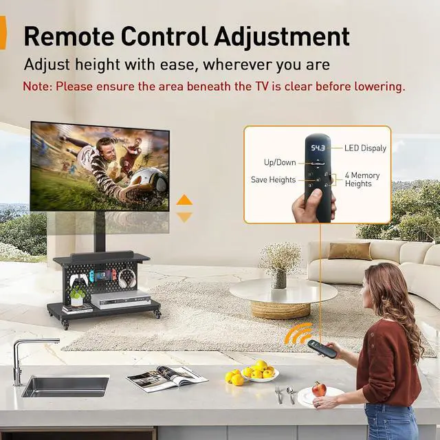 Alt view image 3 of 7 - Motorized Mobile TV Stand on Wheels, Electric Height Adjustable TV Cart for 32-80 TVs up to 100 lbs, Rolling TV Stand with Remote Control, 4 Height Memory, ±35° Swivel with Pegboard Storage