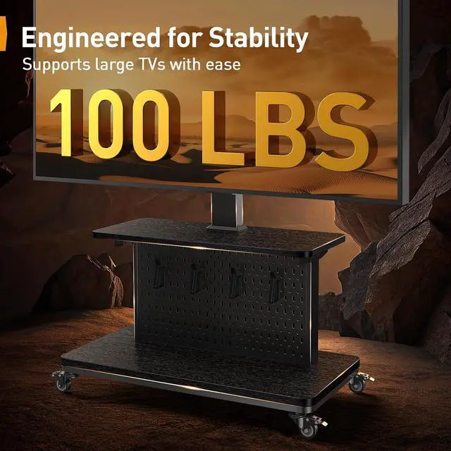 Alt view image 4 of 7 - Motorized Mobile TV Stand on Wheels, Electric Height Adjustable TV Cart for 32-80 TVs up to 100 lbs, Rolling TV Stand with Remote Control, 4 Height Memory, ±35° Swivel with Pegboard Storage