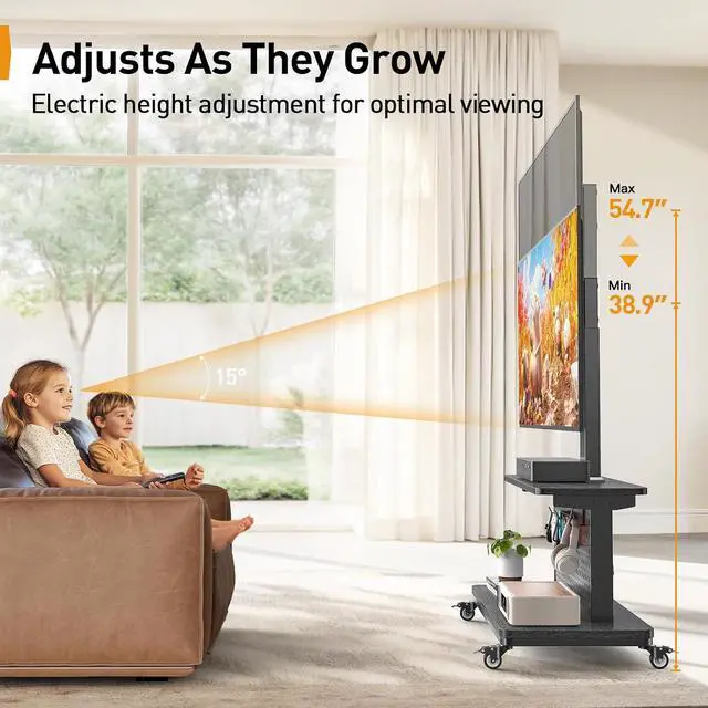 Alt view image 5 of 7 - Motorized Mobile TV Stand on Wheels, Electric Height Adjustable TV Cart for 32-80 TVs up to 100 lbs, Rolling TV Stand with Remote Control, 4 Height Memory, ±35° Swivel with Pegboard Storage