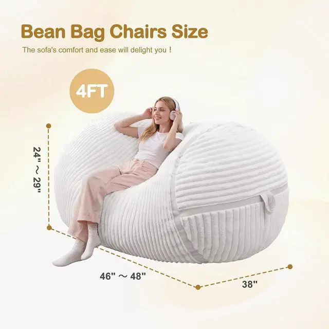 Alt view image 2 of 6 - Bean Bag Chair 4FT Large Bean Bag Chairs for Adults with Memory Foam Filled,4'Beanbag Chair with Soft Faux Fur Cover,Comfy Bean Bag Sofa for Classroom,Living Room,Game Room,Bedroom-White