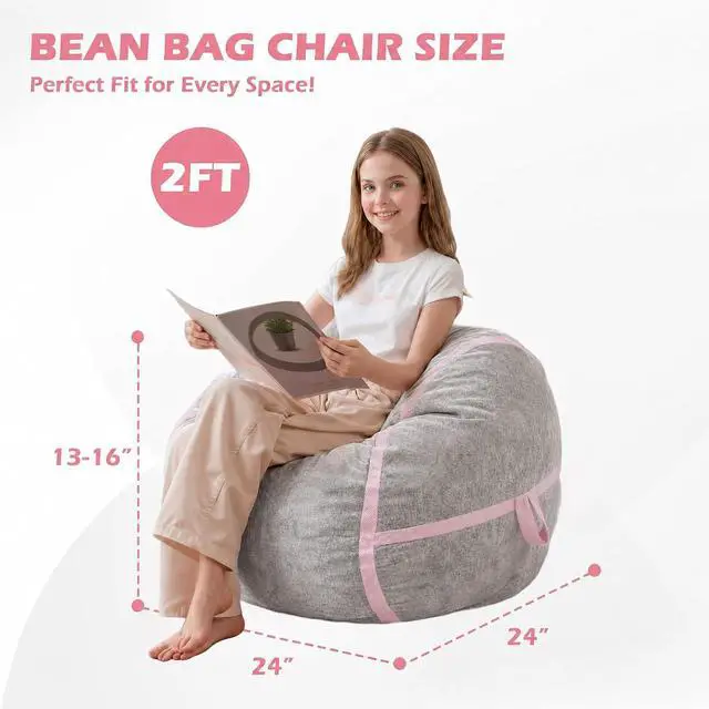 Alt view image 2 of 7 - 2FT Bean Bag Chair, Small BeanBag Chairs with Memory Foam Filled, Ultra-Soft Velvet Bean Bag Chair with Portable Handle, Comfy Bean Bag Sofa for Living Room, No Assembly - Light Grey & Pink