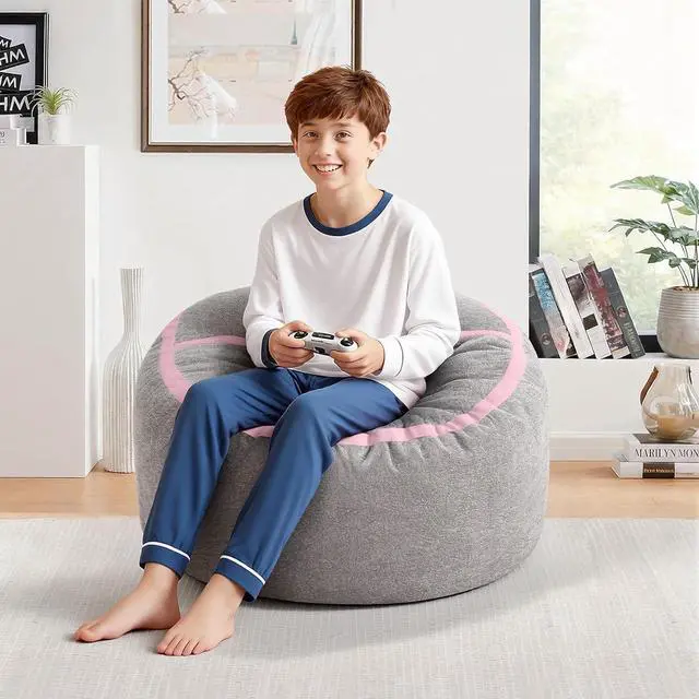 Alt view image 3 of 7 - 2FT Bean Bag Chair, Small BeanBag Chairs with Memory Foam Filled, Ultra-Soft Velvet Bean Bag Chair with Portable Handle, Comfy Bean Bag Sofa for Living Room, No Assembly - Light Grey & Pink