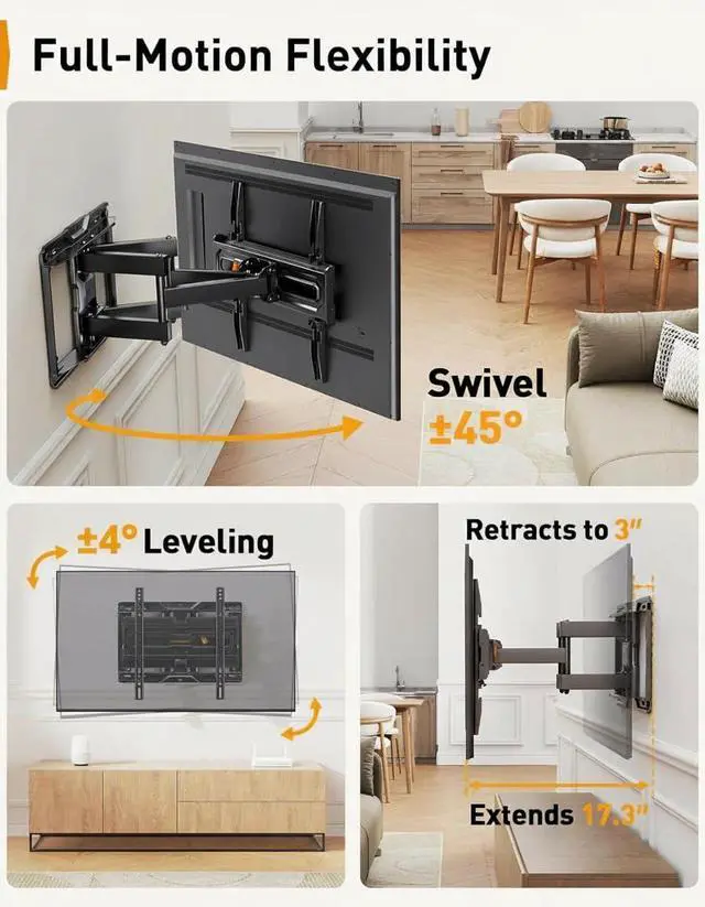 Alt view image 6 of 7 - Full Motion TV Wall Mount for 26-74 inch TVs, Height Adjustable TV Mount, Pre-Assembled Wall Mount TV Bracket with Tool-Free Tilt, Swivel, Fits 16 Studs, 99 lbs, Max VESA 400x400mm, PGMF21