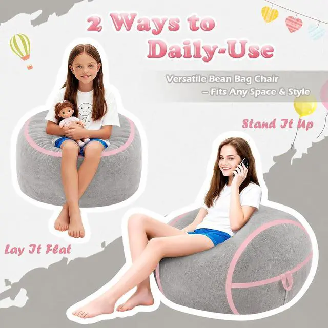 Alt view image 5 of 7 - 2FT Bean Bag Chair, Small BeanBag Chairs with Memory Foam Filled, Ultra-Soft Velvet Bean Bag Chair with Portable Handle, Comfy Bean Bag Sofa for Living Room, No Assembly - Light Grey & Pink