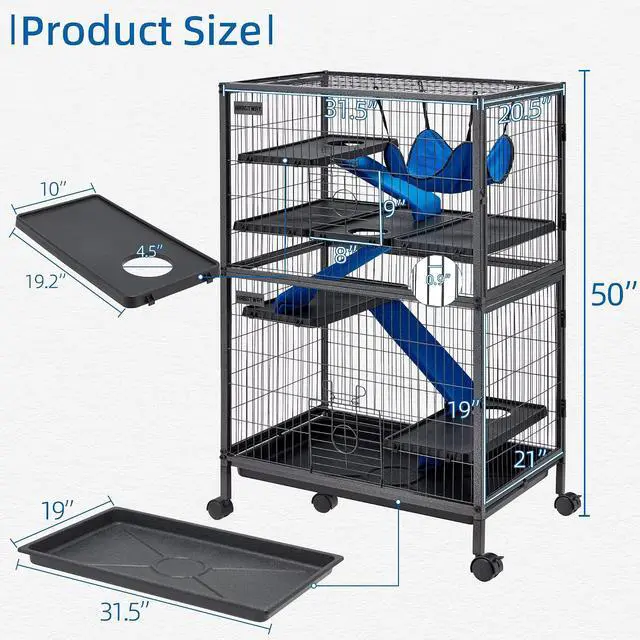 Alt view image 3 of 6 - 50''H Metal Small Animal Cages, Rolling Chinchilla Cage with Removable Ramps, Lagre Cage for Chinchillas/Guinea Pigs/Rabbit, Ferret Cages with Hammock & 5 Tiers, Black