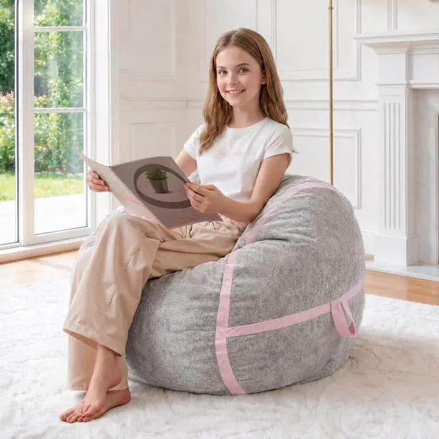 Main image of 2FT Bean Bag Chair, Small BeanBag Chairs with Memory Foam Filled, Ultra-Soft Velvet Bean Bag Chair with Portable Handle, Comfy Bean Bag Sofa for Living Room, No Assembly - Light Grey & Pink