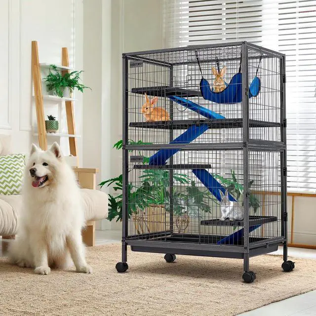 Alt view image 2 of 6 - 50''H Metal Small Animal Cages, Rolling Chinchilla Cage with Removable Ramps, Lagre Cage for Chinchillas/Guinea Pigs/Rabbit, Ferret Cages with Hammock & 5 Tiers, Black