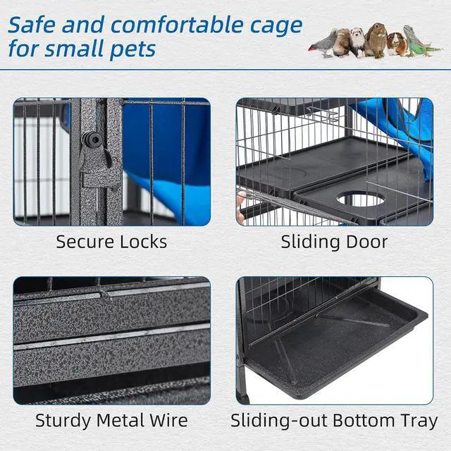 Alt view image 5 of 6 - 50''H Metal Small Animal Cages, Rolling Chinchilla Cage with Removable Ramps, Lagre Cage for Chinchillas/Guinea Pigs/Rabbit, Ferret Cages with Hammock & 5 Tiers, Black