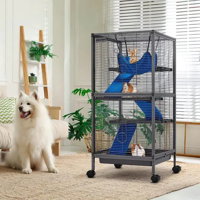 Alt view image 2 of 6 - 45''H Metal Small Animal Cages, Rolling Chinchilla Cage with Removable Ramps, Lagre Cage for Chinchillas/Guinea Pigs/Rabbit, Ferret Cages with Hammock & 4 Tiers, Black