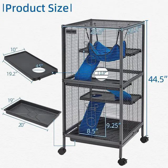 Alt view image 3 of 6 - 45''H Metal Small Animal Cages, Rolling Chinchilla Cage with Removable Ramps, Lagre Cage for Chinchillas/Guinea Pigs/Rabbit, Ferret Cages with Hammock & 4 Tiers, Black
