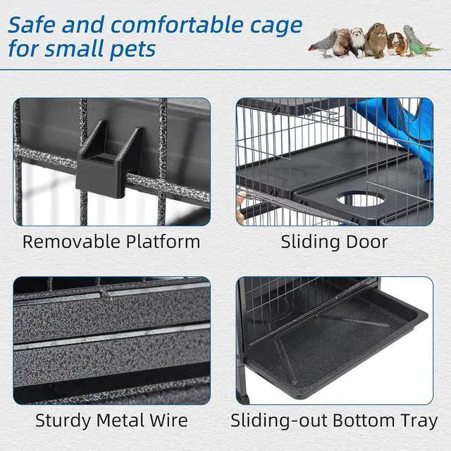 Alt view image 5 of 6 - 45''H Metal Small Animal Cages, Rolling Chinchilla Cage with Removable Ramps, Lagre Cage for Chinchillas/Guinea Pigs/Rabbit, Ferret Cages with Hammock & 4 Tiers, Black
