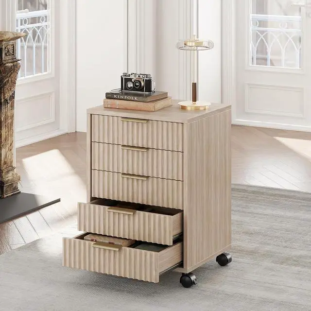 Main image of 5 Drawer Chest, Under Desk Storage Wood Drawers with Wheels, Fluted File Cabinet for Home Office, Light Oak