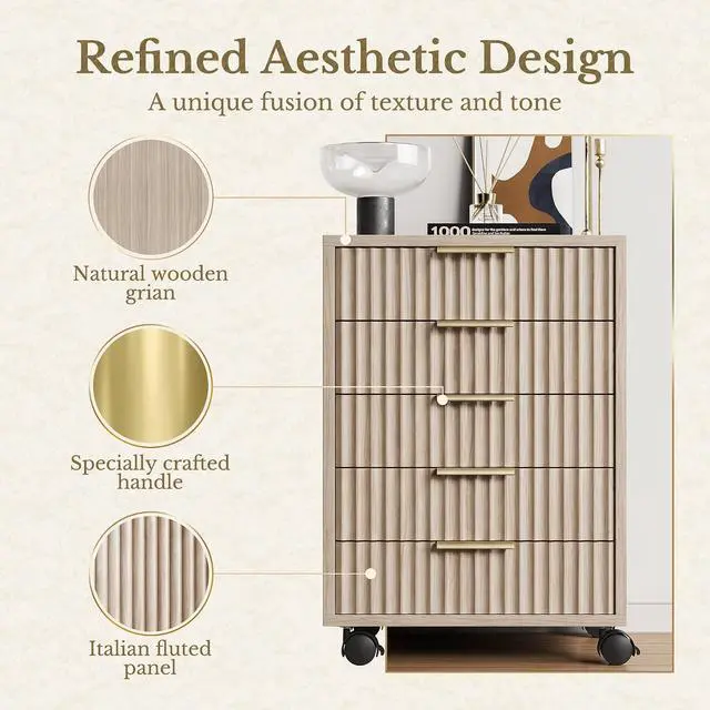 Alt view image 3 of 7 - 5 Drawer Chest, Under Desk Storage Wood Drawers with Wheels, Fluted File Cabinet for Home Office, Light Oak
