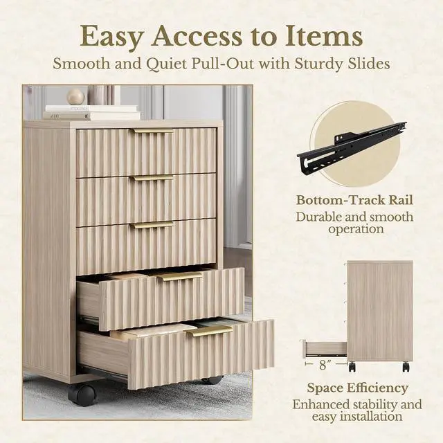 Alt view image 6 of 7 - 5 Drawer Chest, Under Desk Storage Wood Drawers with Wheels, Fluted File Cabinet for Home Office, Light Oak