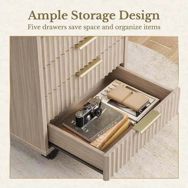 Alt view image 4 of 7 - 5 Drawer Chest, Under Desk Storage Wood Drawers with Wheels, Fluted File Cabinet for Home Office, Light Oak