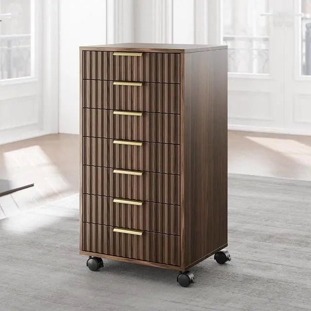 Main image of 7 Drawer File Cabinet with Wheels for Home Office, Black Walnut | Fluted 7 Drawer Chest, Wood File Cabinet with Lockable Wheels, Anti-Tip Design
