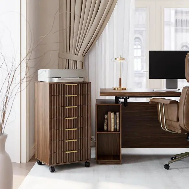 Alt view image 3 of 7 - 7 Drawer File Cabinet with Wheels for Home Office, Black Walnut | Fluted 7 Drawer Chest, Wood File Cabinet with Lockable Wheels, Anti-Tip Design