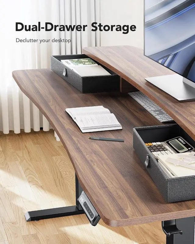 Alt view image 5 of 7 - 60 x 30 Electric Standing Desk with 2 Drawers, C-Clamp Mount Compatible, Height Adjustable Computer Desk, Home Office Stand Up Desk with 4 Preset Heights & 2 Hooks, Walnut